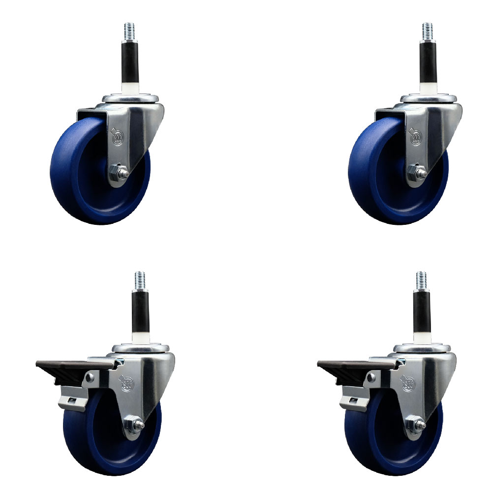 Solid Polyurethane Swivel Expanding Stem Caster Set of 4 with 4 Inch Blue Wheels and 7/8" Stems - Includes 2 with Posi Locking Brakes - 1200 lbs Total Capacity - Service Caster Brand — photo 1