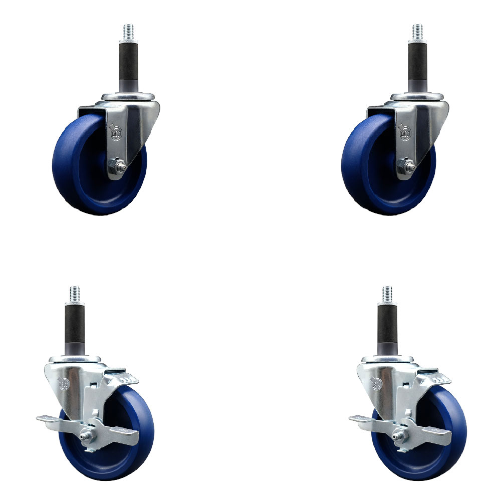 Stainless Steel Solid Polyurethane Swivel Expanding Stem Caster Set of 4 with 4 Inch Blue Wheels and 1" Stems - Includes 2 with Top Locking Brakes - 1200 lbs Total Capacity - Service Caster Brand — photo 1