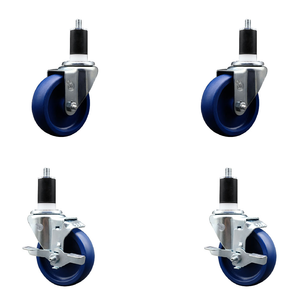 Solid Polyurethane Swivel Expanding Stem Caster Set of 4 with 4 Inch Blue Wheels and 1-1/2" Stems - Includes 2 with Top Locking Brakes - 1200 lbs Total Capacity - Service Caster Brand — photo 1