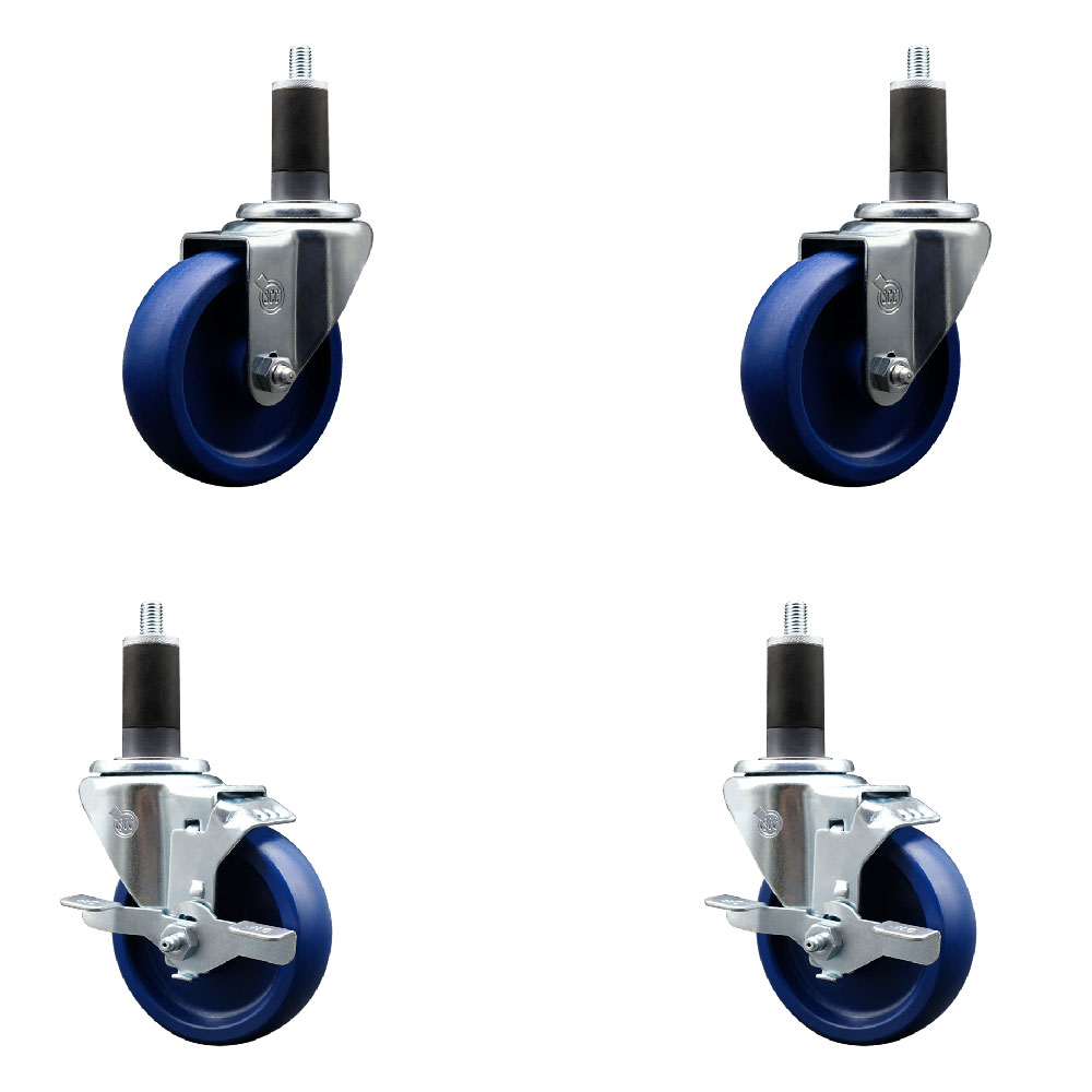 Stainless Steel Solid Polyurethane Swivel Expanding Stem Caster Set of 4 with 4 Inch Blue Wheels and 1-1/4" Stems - Includes 2 with Top Locking Brakes - 1200 lbs Total Capacity - Service Caster Brand — photo 1