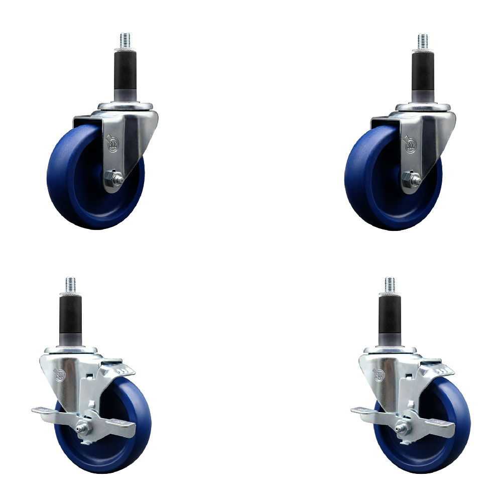 Stainless Steel Solid Polyurethane Swivel Expanding Stem Caster Set of 4 with 4 Inch Blue Wheels and 1-1/8" Stems - Includes 2 with Top Locking Brakes - 1200 lbs Total Capacity - Service Caster Brand — photo 1