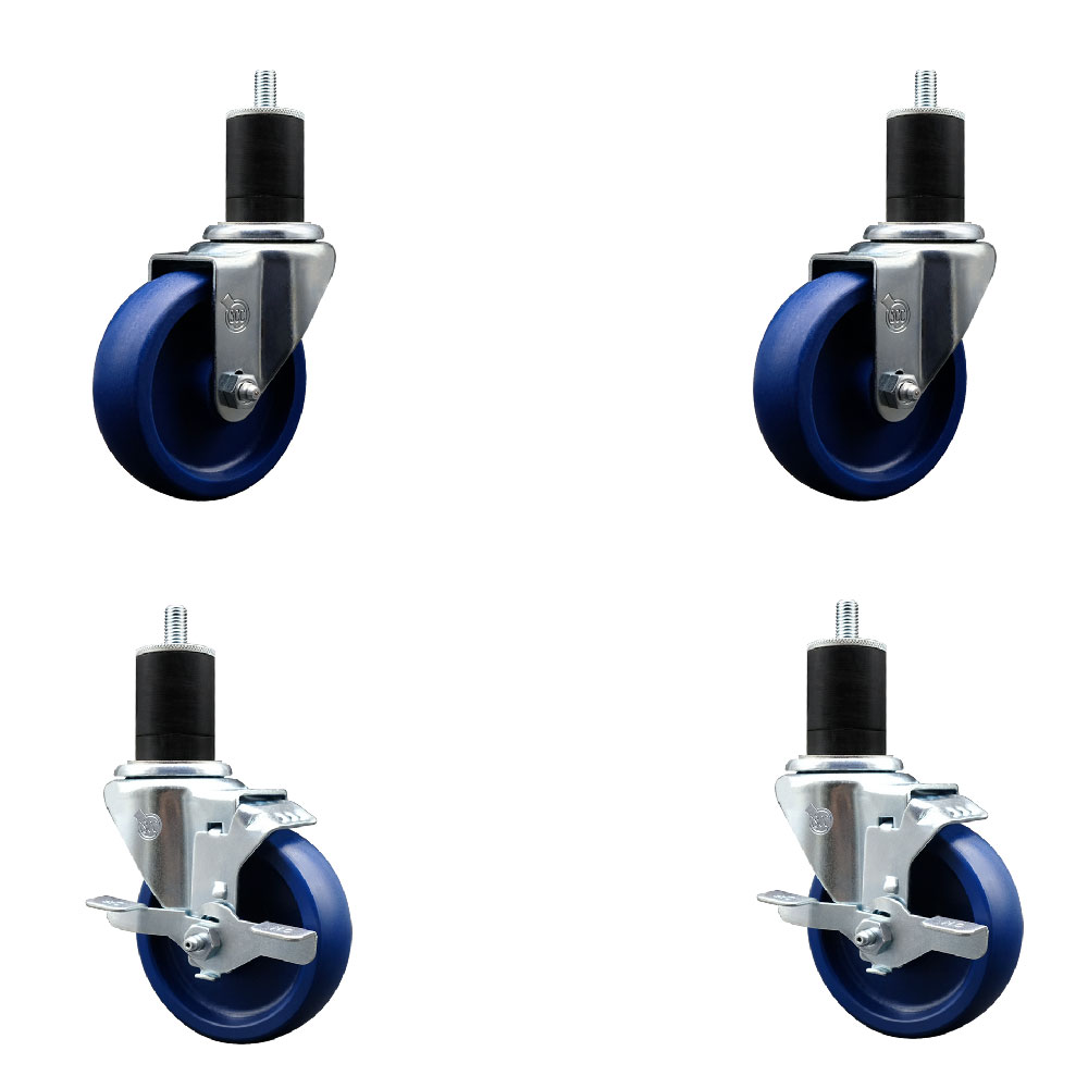 Solid Polyurethane Swivel Expanding Stem Caster Set of 4 with 4 Inch Blue Wheels and 1-3/4" Stems - Includes 2 with Top Locking Brakes - 1200 lbs Total Capacity - Service Caster Brand — photo 1