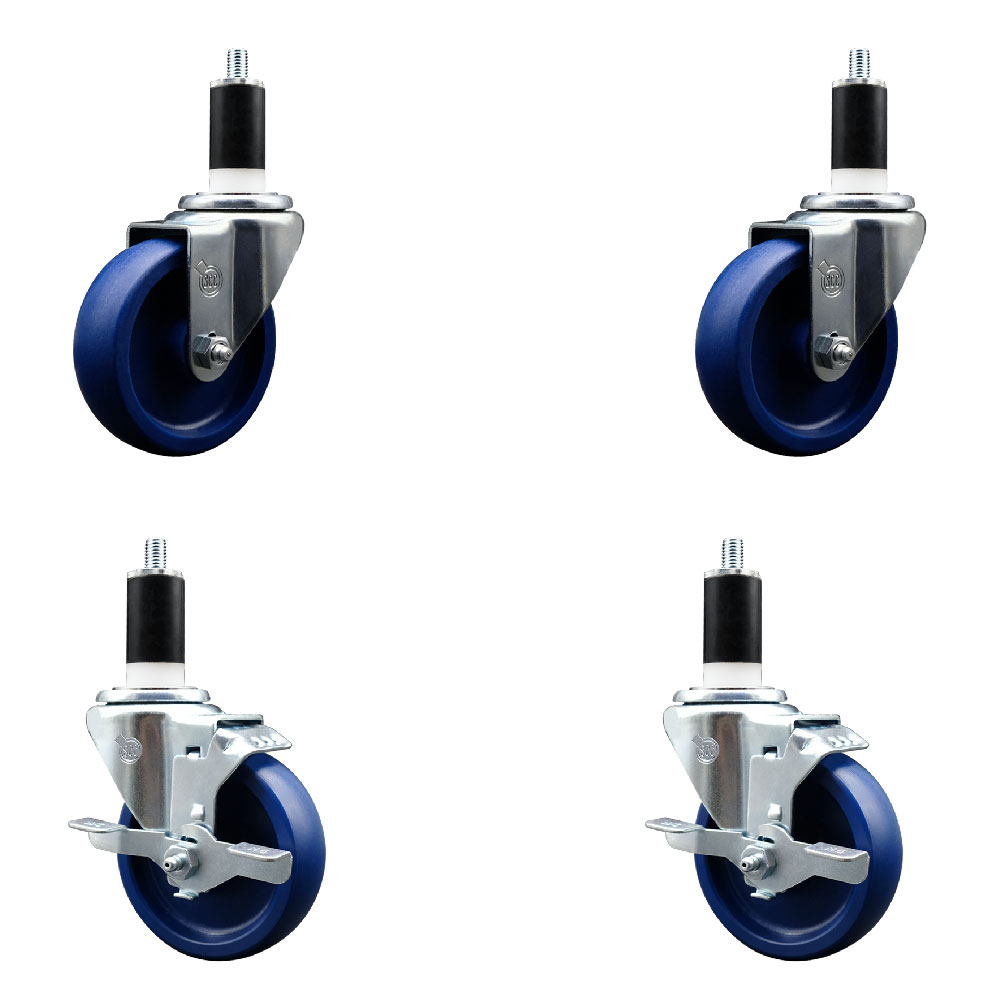 Solid Polyurethane Swivel Expanding Stem Caster Set of 4 with 4 Inch Blue Wheels and 1-3/8" Stems - Includes 2 with Top Locking Brakes - 1200 lbs Total Capacity - Service Caster Brand — photo 1
