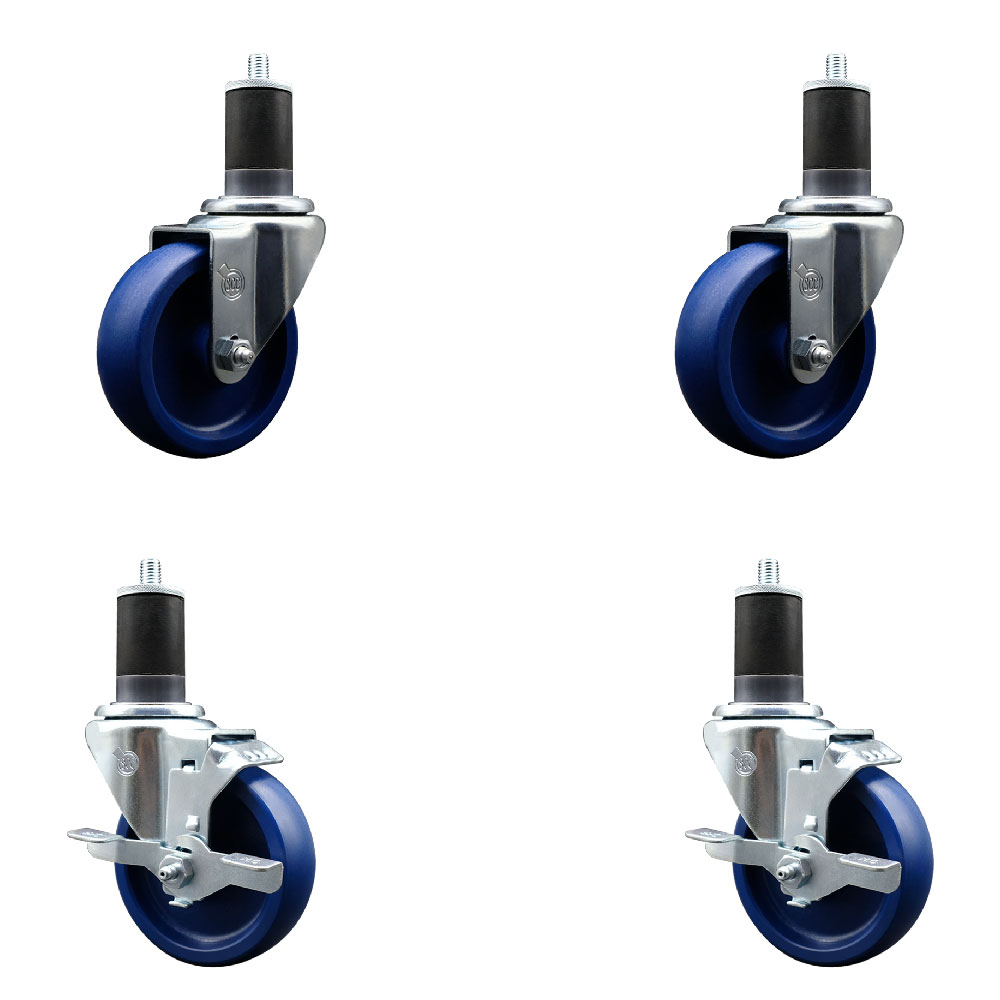 Stainless Steel Solid Polyurethane Swivel Expanding Stem Caster Set of 4 with 4 Inch Blue Wheels and 1-5/8" Stems - Includes 2 with Top Locking Brakes - 1200 lbs Total Capacity - Service Caster Brand — photo 1