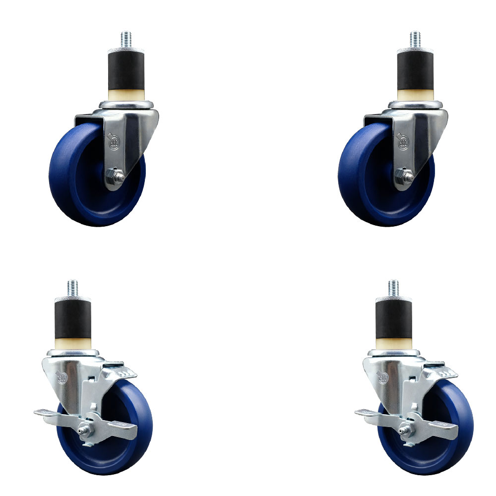 Stainless Steel Solid Polyurethane Swivel Expanding Stem Caster Set of 4 with 4 Inch Blue Wheels and 1-7/8" Stems - Includes 2 with Top Locking Brakes - 1200 lbs Total Capacity - Service Caster Brand — photo 1