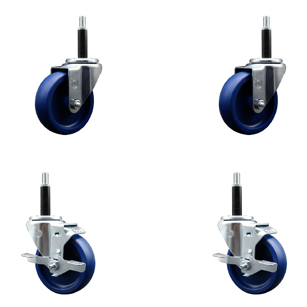 Solid Polyurethane Swivel Expanding Stem Caster Set of 4 with 4 Inch Blue Wheels and 3/4" Stems - Includes 2 with Top Locking Brakes - 1200 lbs Total Capacity - Service Caster Brand — photo 1