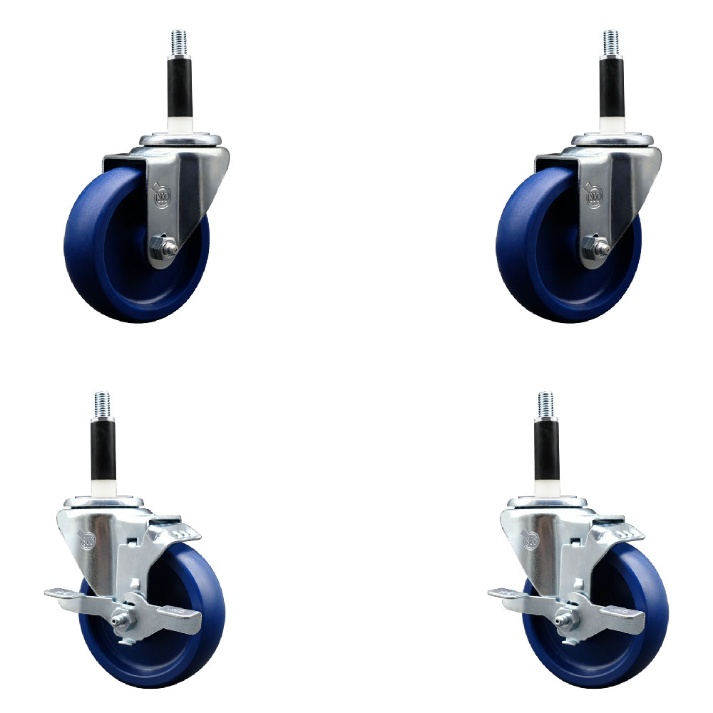Solid Polyurethane Swivel Expanding Stem Caster Set of 4 with 4 Inch Blue Wheels and 7/8" Stems - Includes 2 with Top Locking Brakes - 1200 lbs Total Capacity - Service Caster Brand — photo 1
