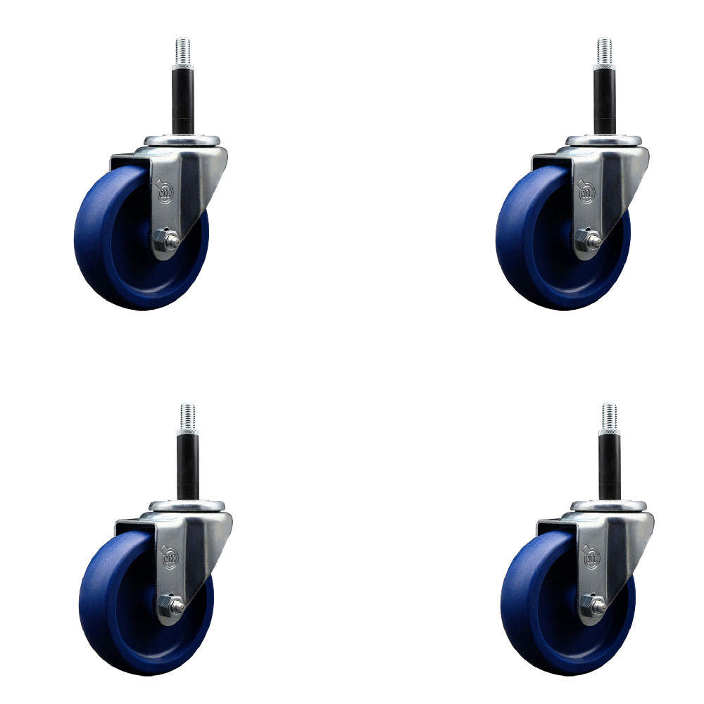 Solid Polyurethane Swivel Expanding Stem Caster Set of 4 with 4 Inch Blue Wheels and 3/4" Stems - 300 lbs. Capacity Per Caster - Service Caster Brand — photo 1