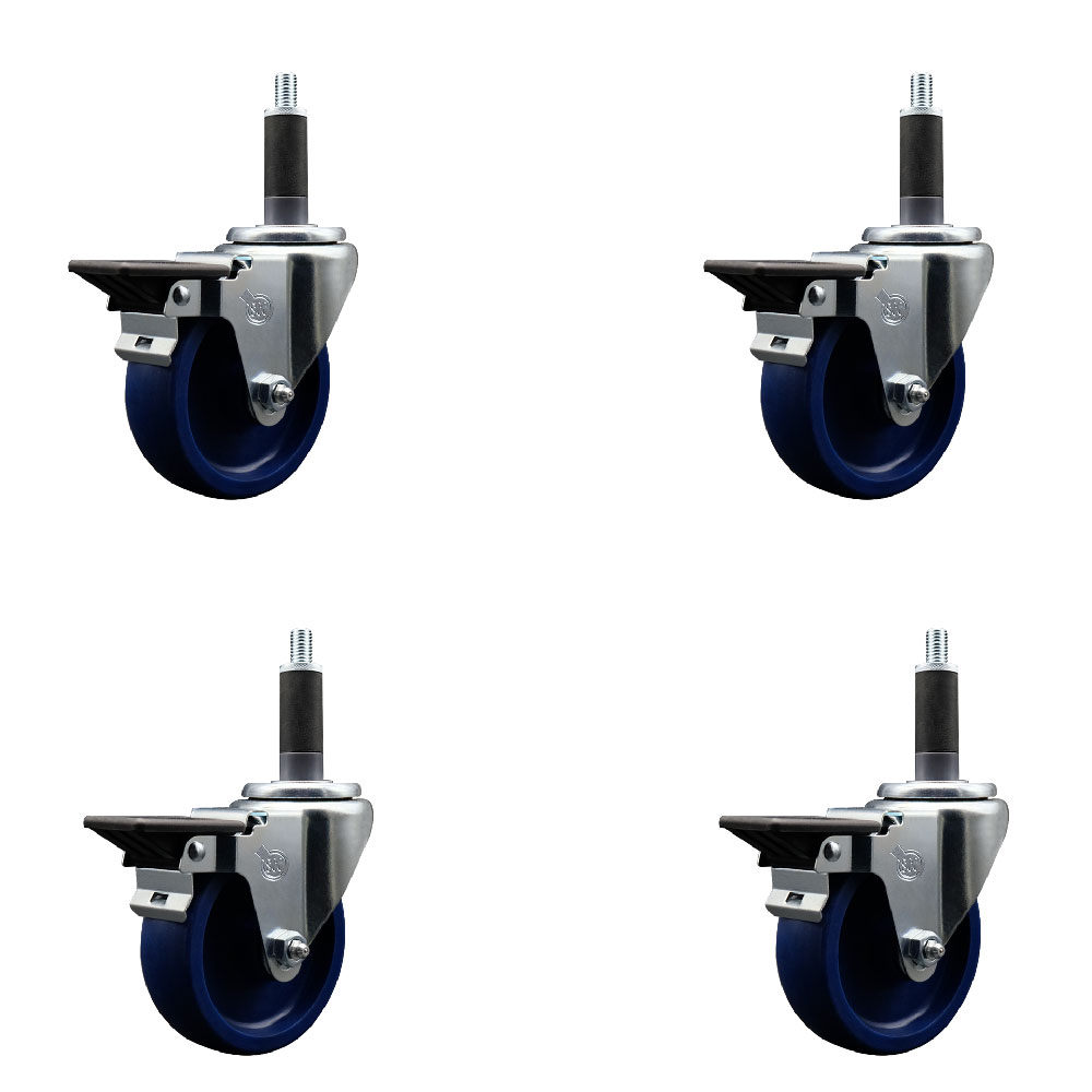 Solid Polyurethane Swivel Expanding Stem Caster Set of 4 with 4 Inch Blue Wheels and 1" Stems - Includes 4 Swivel with Posi Locking Brakes - 300 lbs. Capacity Per Caster - Service Caster Brand — photo 1