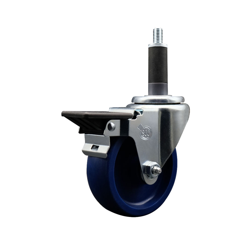 Solid Polyurethane Expanding Stem Swivel Caster with 4 Inch Blue Wheel and 1" Stem & Posi Locking Brake - 300 lbs. Capacity Per Caster - Service Caster Brand — photo 1