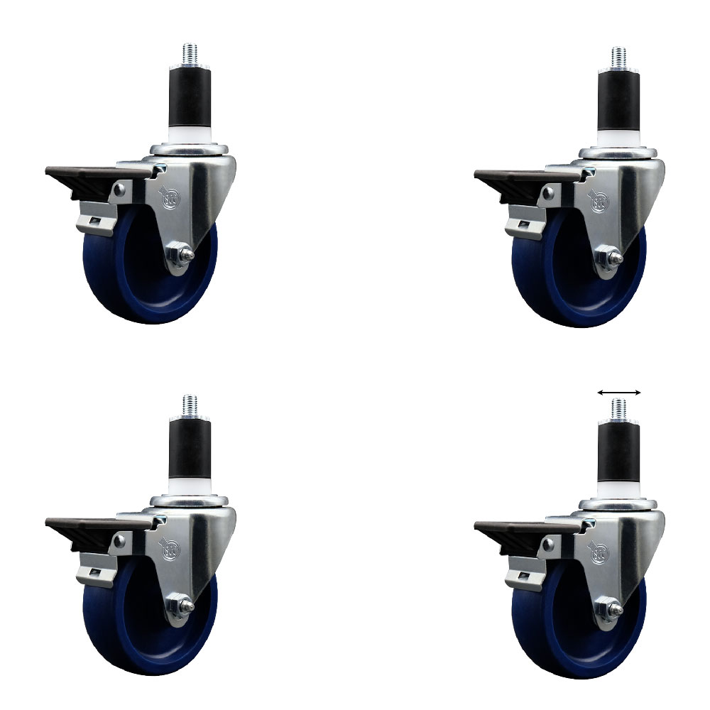 Solid Polyurethane Swivel Expanding Stem Caster Set of 4 with 4 Inch Blue Wheels and 1-1/2" Stems - Includes 4 Swivel with Posi Locking Brakes - 300 lbs. Capacity Per Caster - Service Caster Brand — photo 1