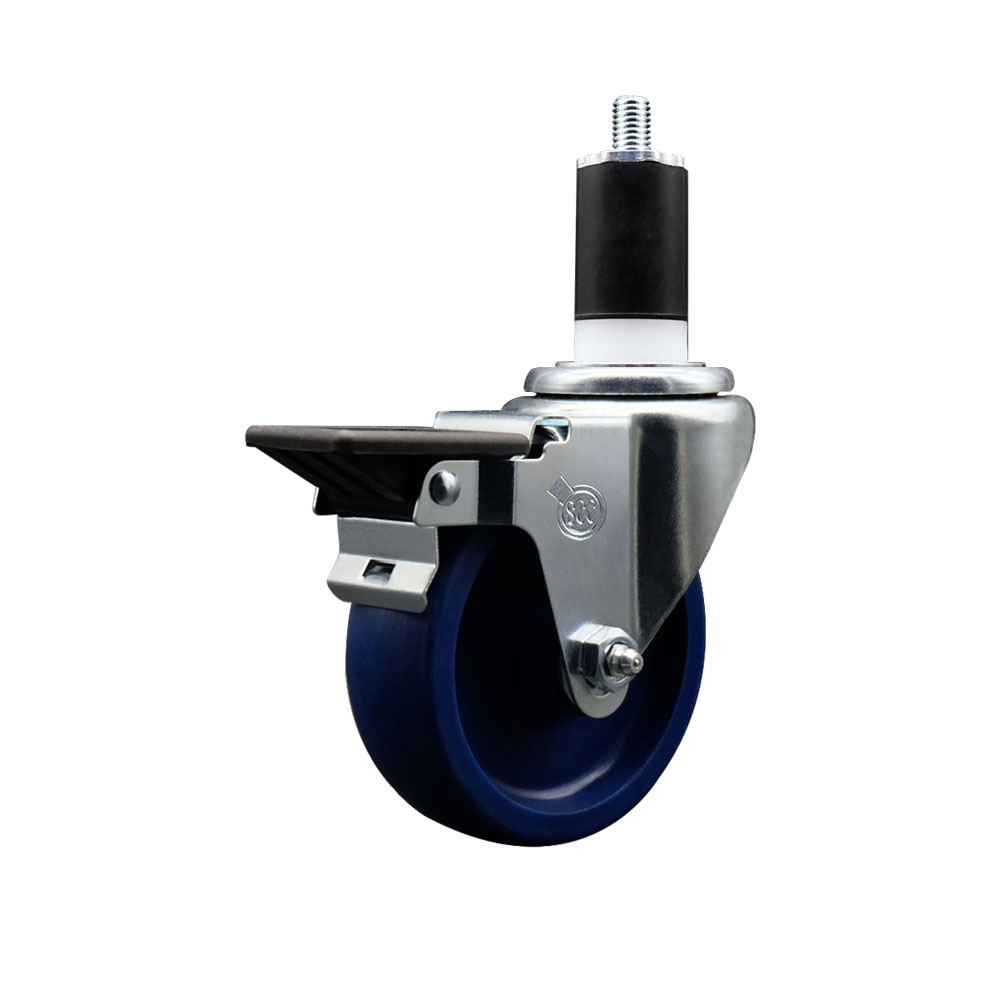 Solid Polyurethane Expanding Stem Swivel Caster with 4 Inch Blue Wheel and 1-1/2" Stem & Posi Locking Brake - 300 lbs. Capacity Per Caster - Service Caster Brand — photo 1