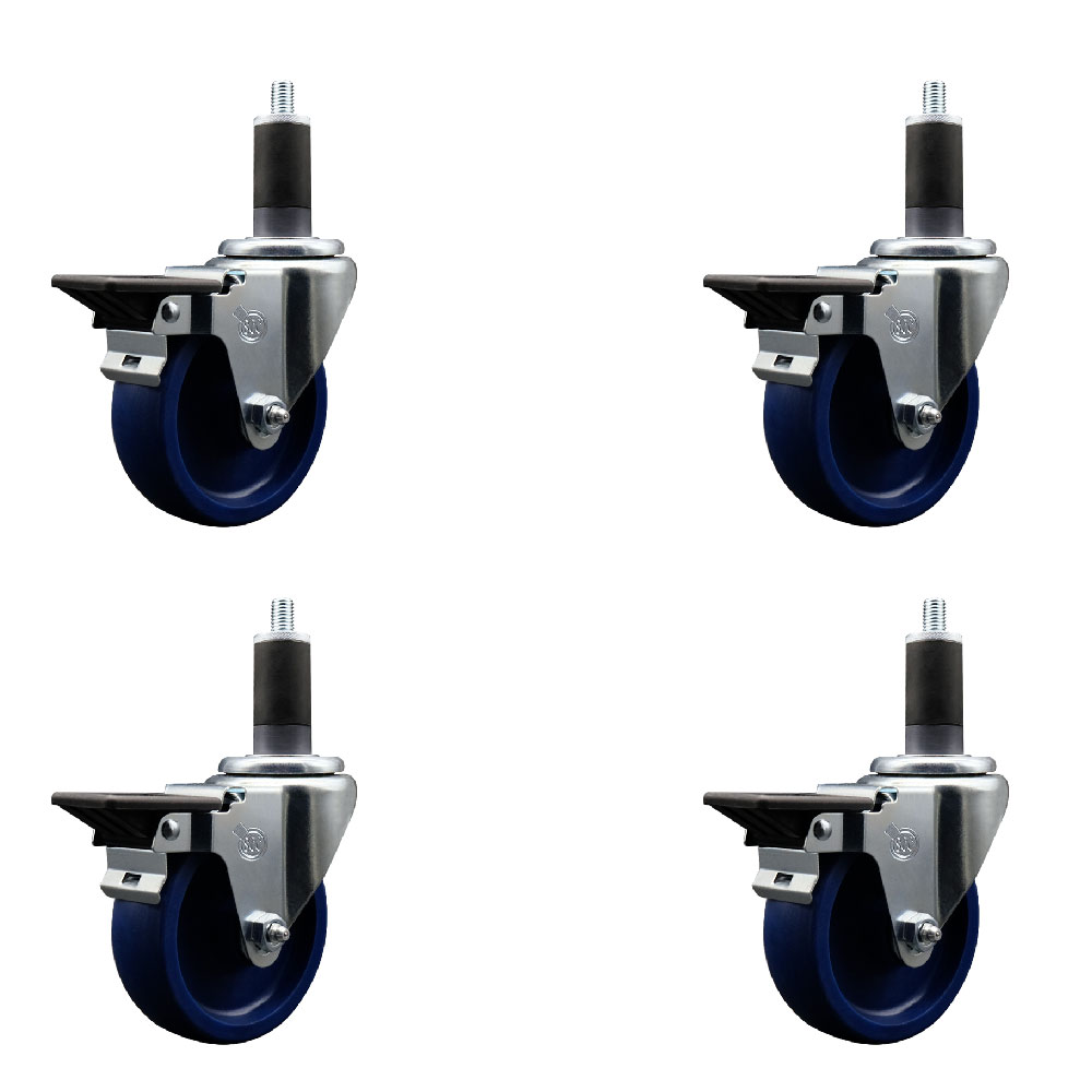 Solid Polyurethane Swivel Expanding Stem Caster Set of 4 with 4 Inch Blue Wheels and 1-1/4" Stems - Includes 4 Swivel with Posi Locking Brakes - 300 lbs. Capacity Per Caster - Service Caster Brand — photo 1