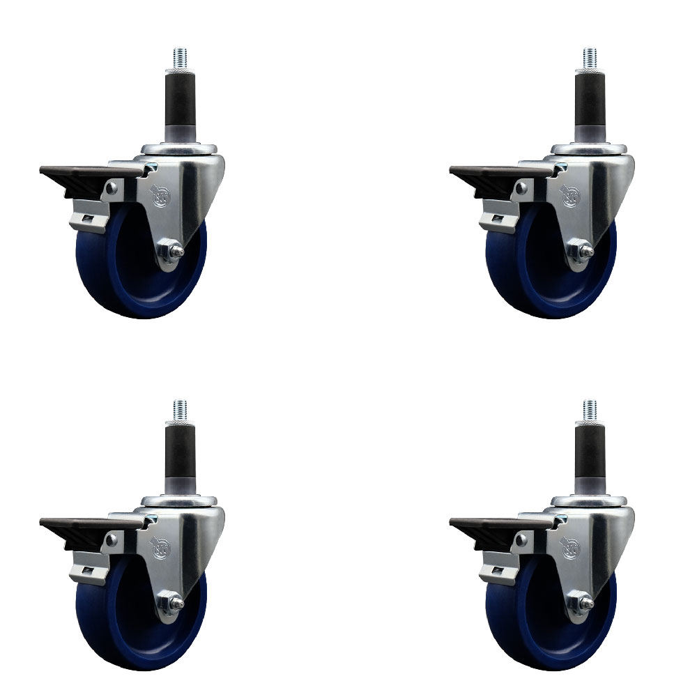 Solid Polyurethane Swivel Expanding Stem Caster Set of 4 with 4 Inch Blue Wheels and 1-1/8" Stems - Includes 4 Swivel with Posi Locking Brakes - 300 lbs. Capacity Per Caster - Service Caster Brand — photo 1