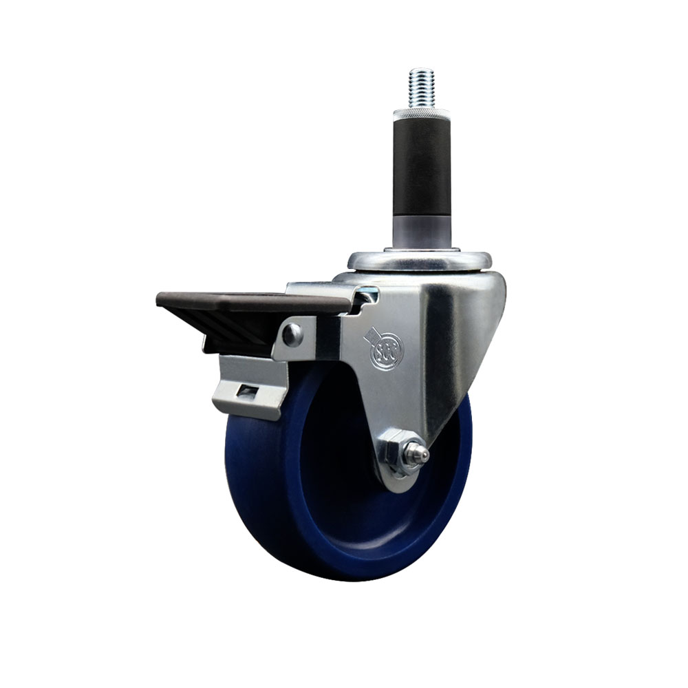 Solid Polyurethane Expanding Stem Swivel Caster with 4 Inch Blue Wheel and 1-1/8" Stem & Posi Locking Brake - 300 lbs. Capacity Per Caster - Service Caster Brand — photo 1