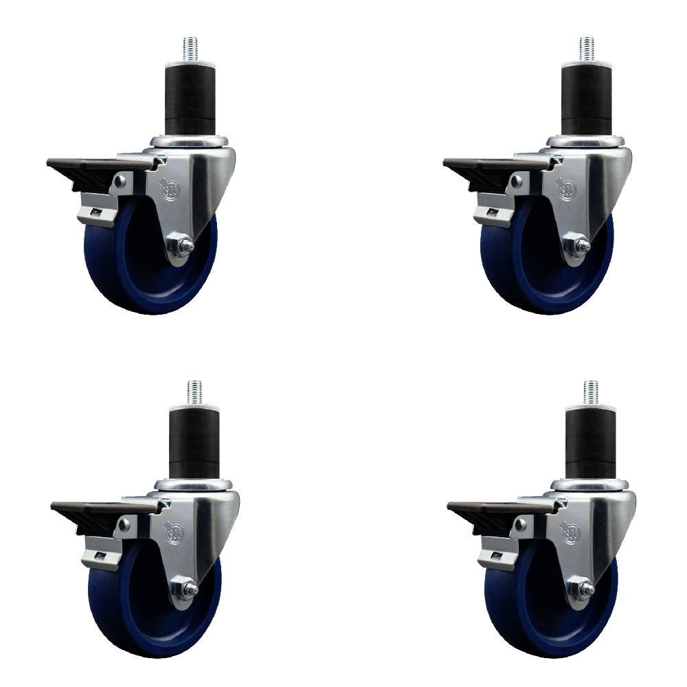 Solid Polyurethane Swivel Expanding Stem Caster Set of 4 with 4 Inch Blue Wheels and 1-3/4" Stems - Includes 4 Swivel with Posi Locking Brakes - 300 lbs. Capacity Per Caster - Service Caster Brand — photo 1