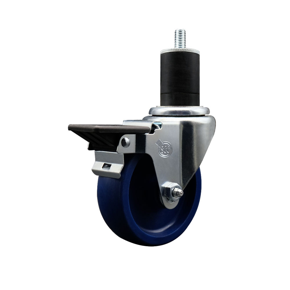 Solid Polyurethane Expanding Stem Swivel Caster with 4 Inch Blue Wheel and 1-3/4" Stem & Posi Locking Brake - 300 lbs. Capacity Per Caster - Service Caster Brand — photo 1
