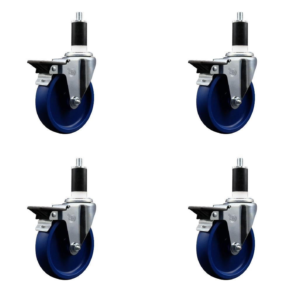 Solid Polyurethane Swivel Expanding Stem Caster Set of 4 with 4 Inch Blue Wheels and 1-3/8" Stems - Includes 4 Swivel with Posi Locking Brakes - 300 lbs. Capacity Per Caster - Service Caster Brand — photo 1