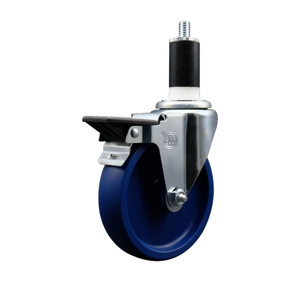 Solid Polyurethane Expanding Stem Swivel Caster with 4 Inch Blue Wheel and 1-3/8" Stem & Posi Locking Brake - 300 lbs. Capacity Per Caster - Service Caster Brand — photo 1