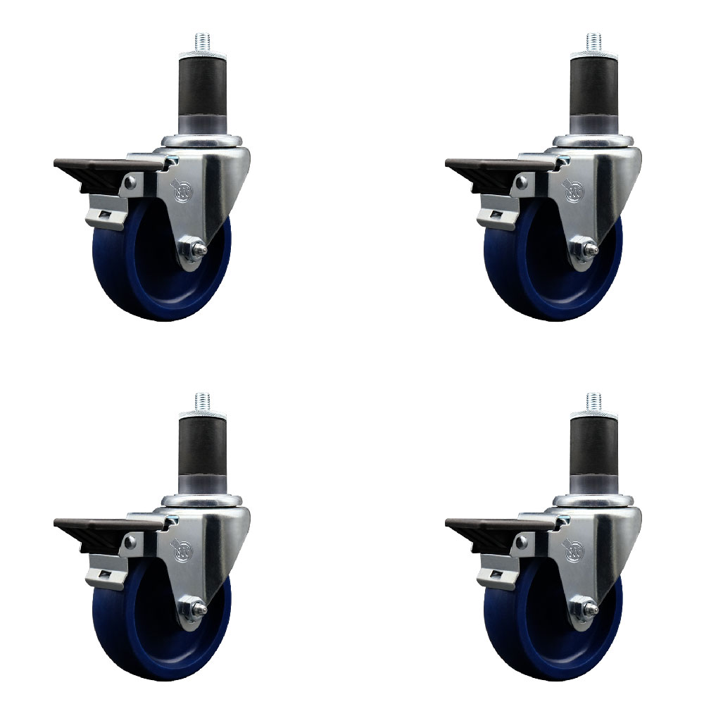 Solid Polyurethane Swivel Expanding Stem Caster Set of 4 with 4 Inch Blue Wheels and 1-5/8" Stems - Includes 4 Swivel with Posi Locking Brakes - 300 lbs. Capacity Per Caster - Service Caster Brand — photo 1