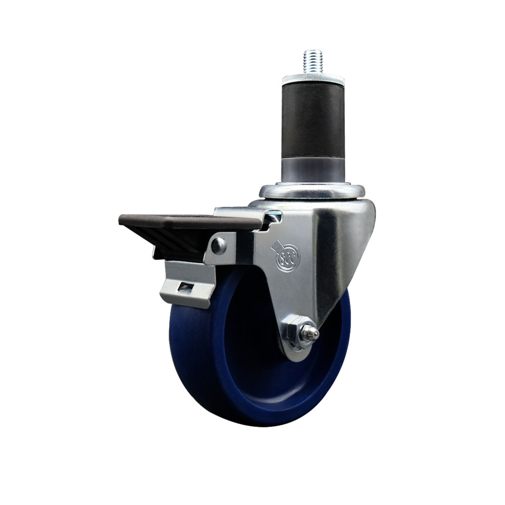 Solid Polyurethane Expanding Stem Swivel Caster with 4 Inch Blue Wheel and 1-5/8" Stem & Posi Locking Brake - 300 lbs. Capacity Per Caster - Service Caster Brand — photo 1