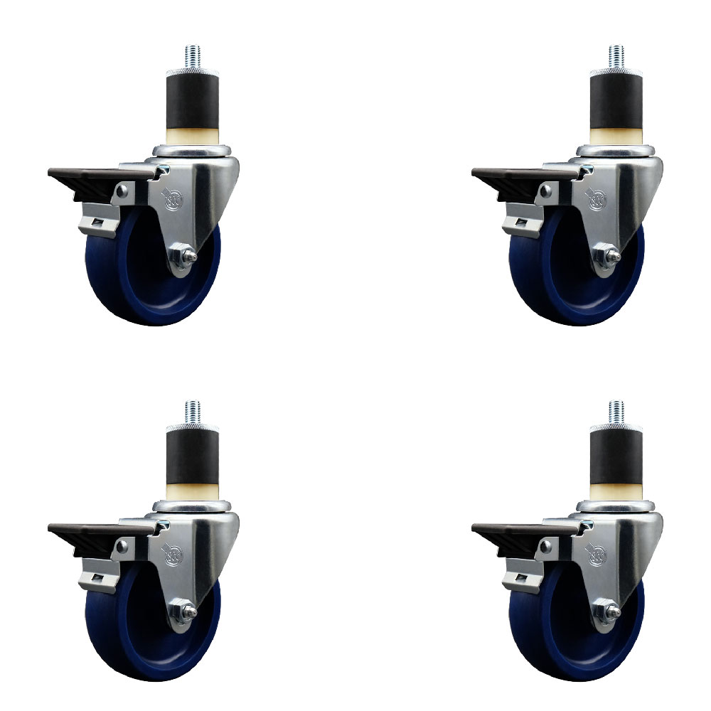 Solid Polyurethane Swivel Expanding Stem Caster Set of 4 with 4 Inch Blue Wheels and 1-7/8" Stems - Includes 4 Swivel with Posi Locking Brakes - 300 lbs. Capacity Per Caster - Service Caster Brand — photo 1