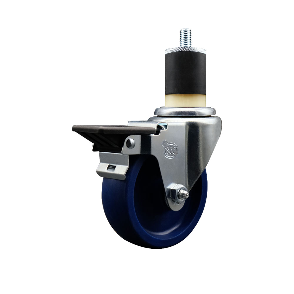 Solid Polyurethane Expanding Stem Swivel Caster with 4 Inch Blue Wheel and 1-7/8" Stem & Posi Locking Brake - 300 lbs. Capacity Per Caster - Service Caster Brand — photo 1