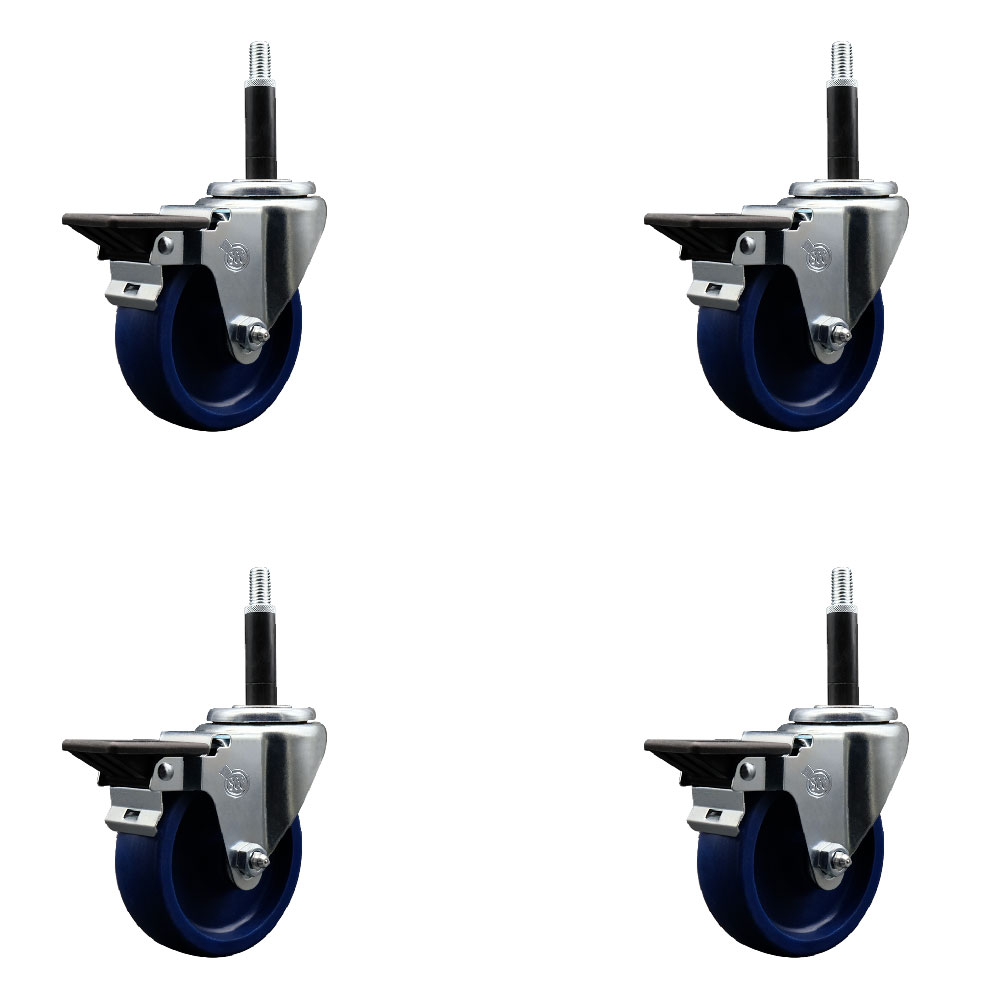 Solid Polyurethane Swivel Expanding Stem Caster Set of 4 with 4 Inch Blue Wheels and 3/4" Stems - Includes 4 Swivel with Posi Locking Brakes - 300 lbs. Capacity Per Caster - Service Caster Brand — photo 1