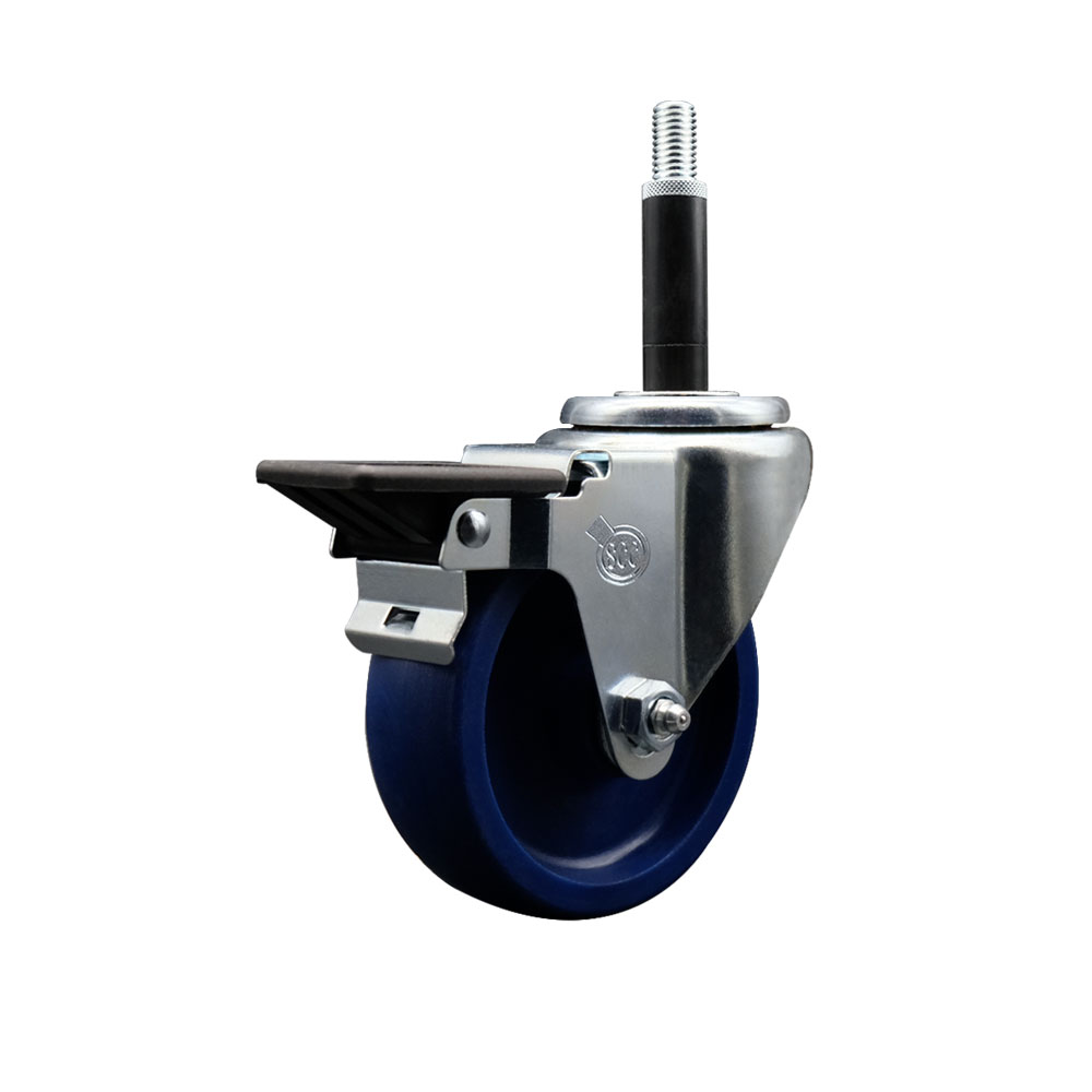Solid Polyurethane Expanding Stem Swivel Caster with 4 Inch Blue Wheel and 3/4" Stem & Posi Locking Brake - 300 lbs. Capacity Per Caster - Service Caster Brand — photo 1