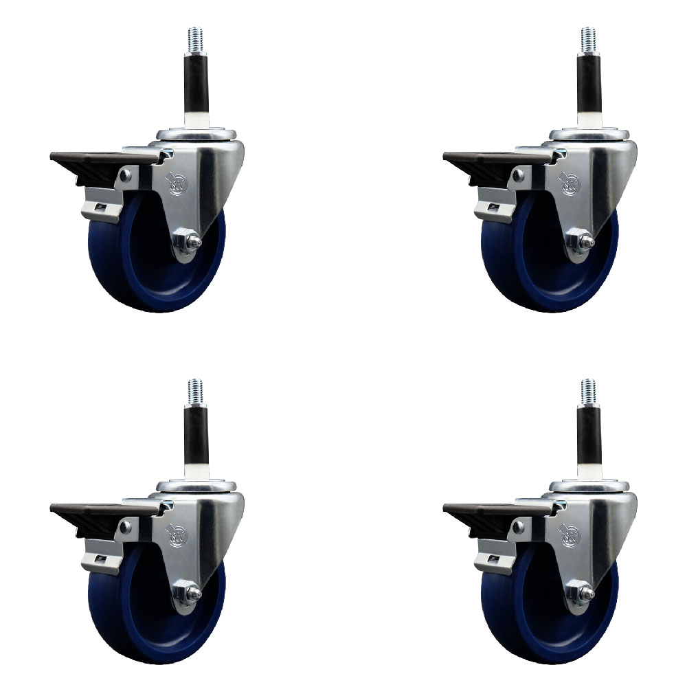 Solid Polyurethane Swivel Expanding Stem Caster Set of 4 with 4 Inch Blue Wheels and 7/8" Stems - Includes 4 Swivel with Posi Locking Brakes - 300 lbs. Capacity Per Caster - Service Caster Brand — photo 1
