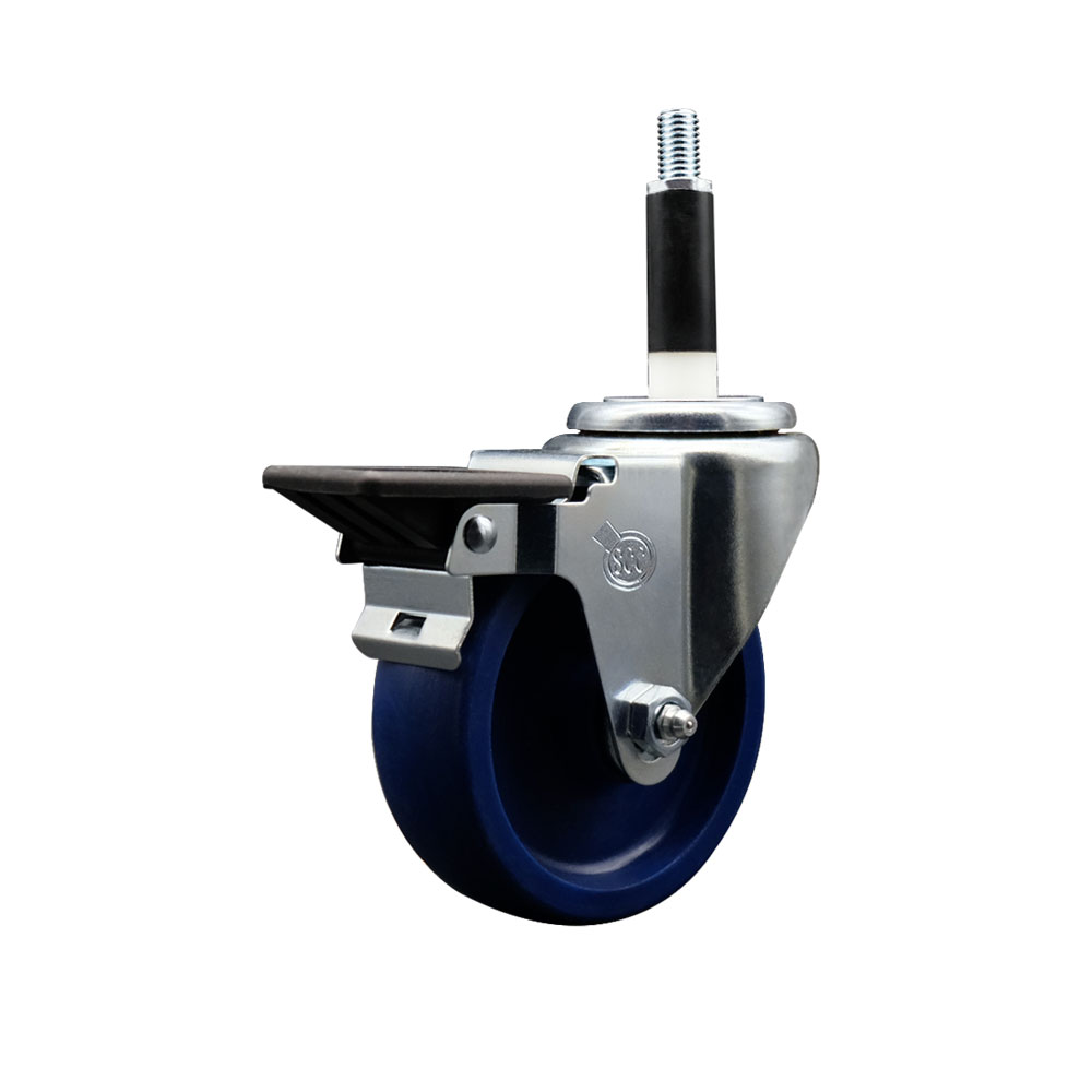 Solid Polyurethane Expanding Stem Swivel Caster with 4 Inch Blue Wheel and 7/8" Stem & Posi Locking Brake - 300 lbs. Capacity Per Caster - Service Caster Brand — photo 1