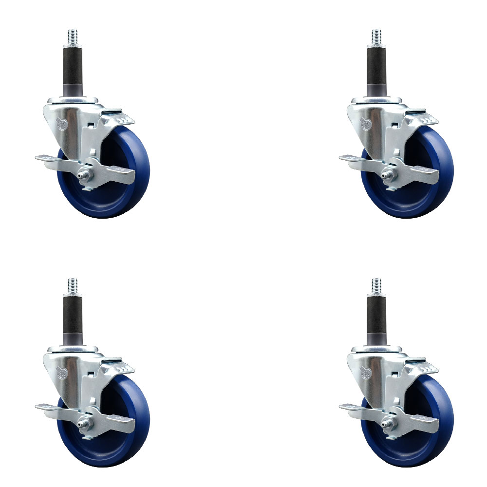 Solid Polyurethane Swivel Expanding Stem Caster Set of 4 with 4 Inch Blue Wheels and 1" Stems - Includes 4 Swivel with Top Locking Brakes - 300 lbs. Capacity Per Caster - Service Caster Brand — photo 1