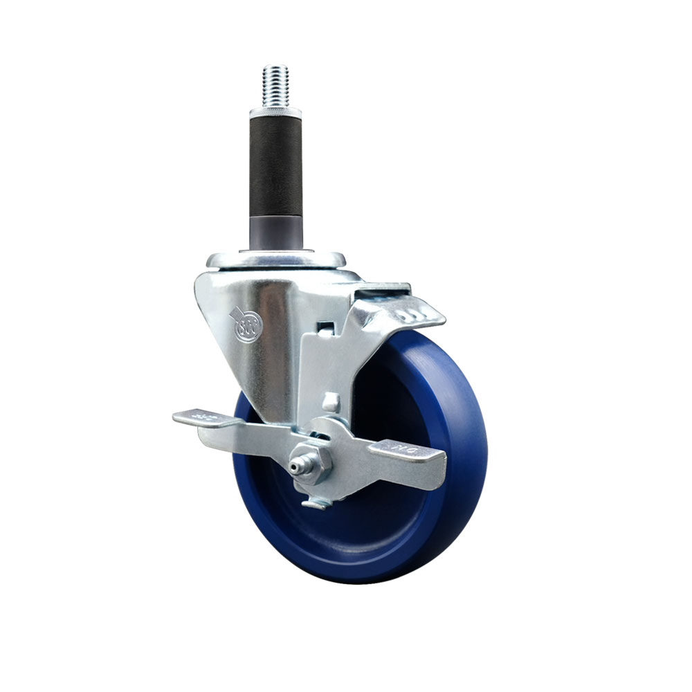 Solid Polyurethane Expanding Stem Swivel Caster with 4 Inch Blue Wheel and 1" Stem & Top Locking Brake - 300 lbs. Capacity Per Caster - Service Caster Brand — photo 1