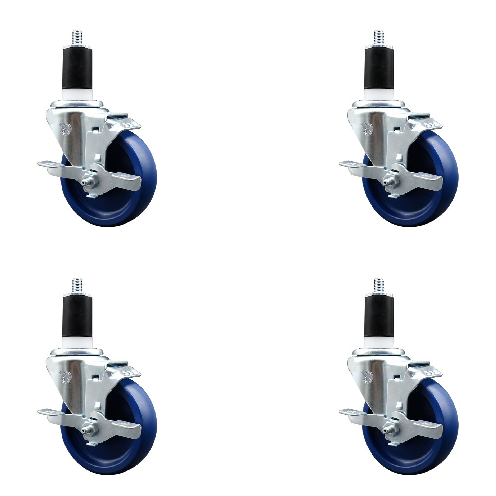 Stainless Steel Solid Polyurethane Swivel Expanding Stem Caster Set of 4 with 4 Inch Blue Wheels and 1-1/2" Stems-4 Swivel with Top Locking Brakes-300 lbs. Capacity Per Caster-Service Caster Brand — photo 1