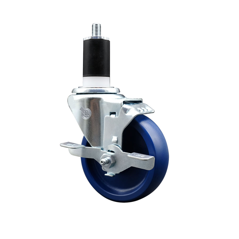 Stainless Steel Solid Polyurethane Expanding Stem Swivel Caster with 4 Inch Blue Wheel and 1-1/2" Stem & Top Locking Brake - 300 lbs. Capacity Per Caster - Service Caster Brand — photo 1