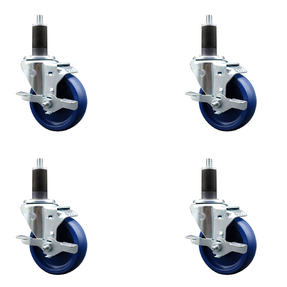 Solid Polyurethane Swivel Expanding Stem Caster Set of 4 with 4 Inch Blue Wheels and 1-1/4" Stems - Includes 4 Swivel with Top Locking Brakes - 300 lbs. Capacity Per Caster - Service Caster Brand — photo 1