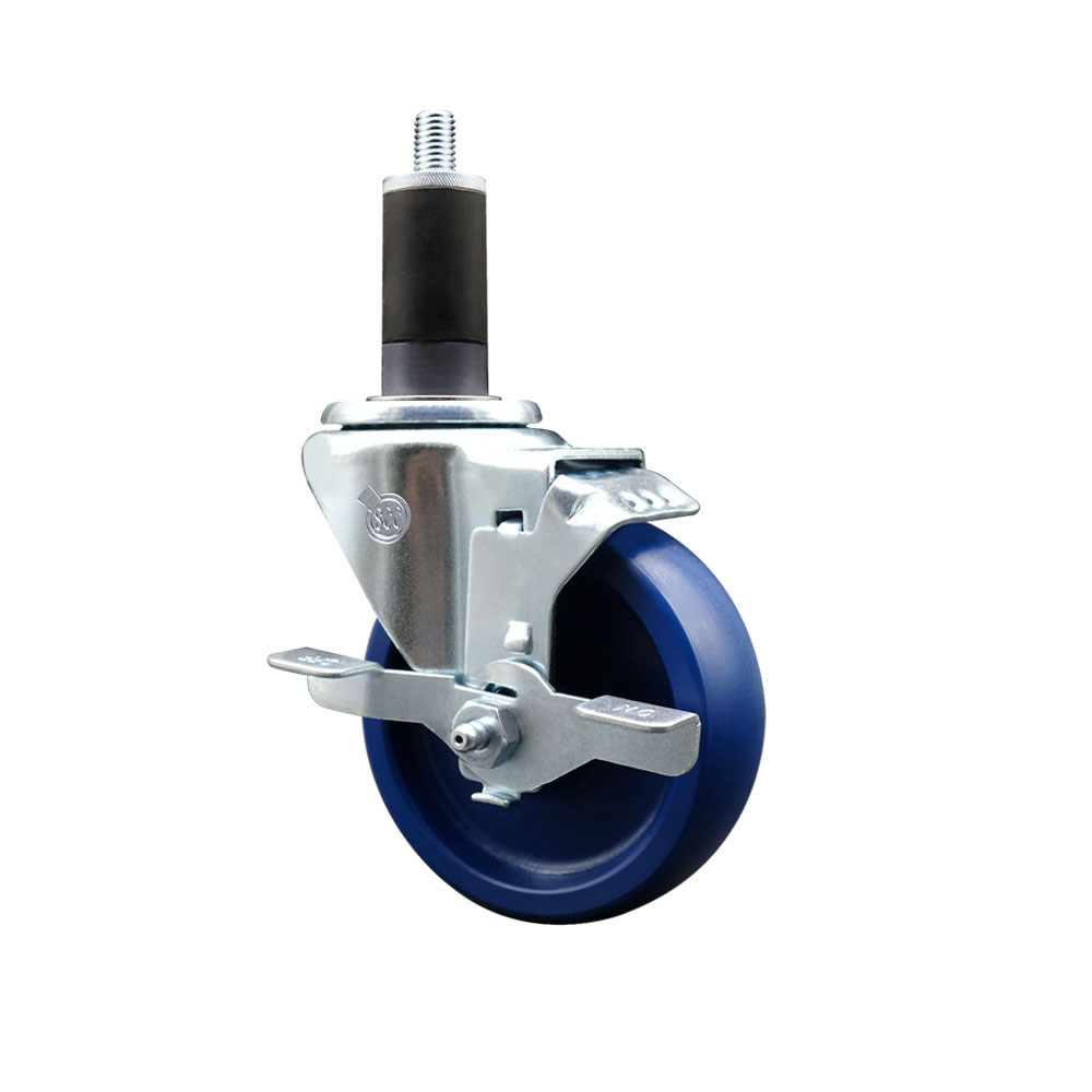 Stainless Steel Solid Polyurethane Expanding Stem Swivel Caster with 4 Inch Blue Wheel and 1-1/4" Stem & Top Locking Brake - 300 lbs. Capacity Per Caster - Service Caster Brand — photo 1