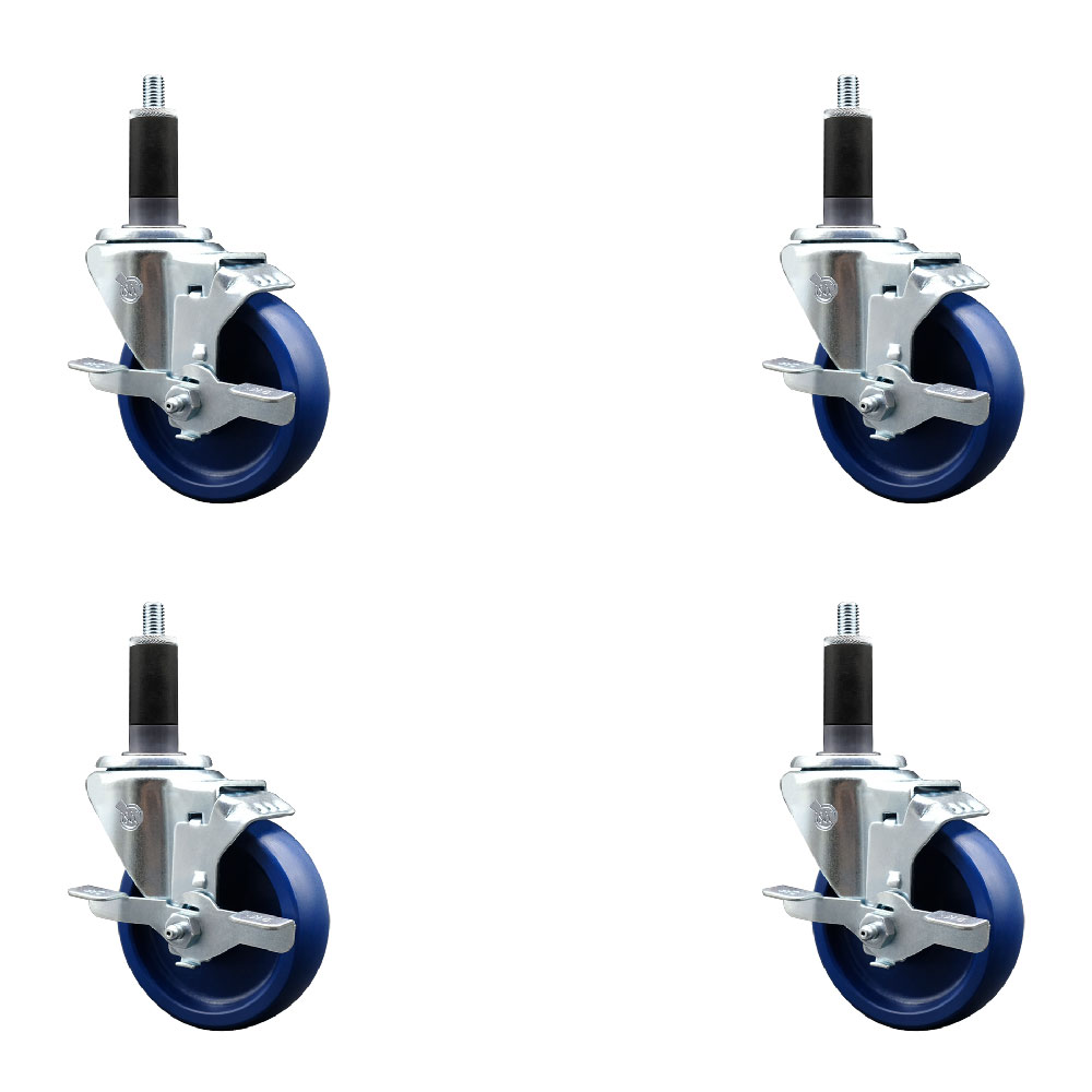 Stainless Steel Solid Polyurethane Swivel Expanding Stem Caster Set of 4 with 4 Inch Blue Wheels and 1-1/8" Stems-4 Swivel with Top Locking Brakes-300 lbs. Capacity Per Caster-Service Caster Brand — photo 1