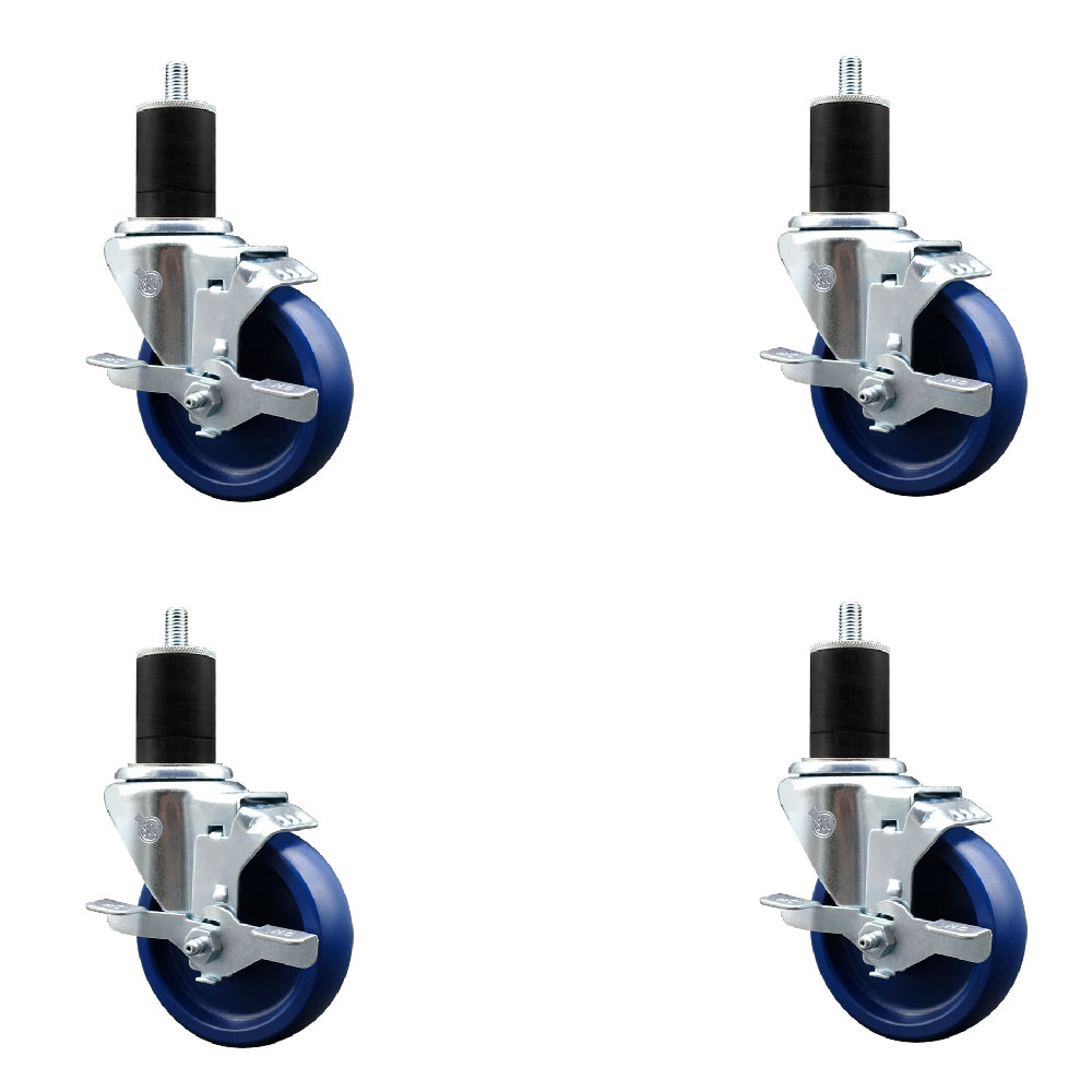 Stainless Steel Solid Polyurethane Swivel Expanding Stem Caster Set of 4 with 4 Inch Blue Wheels and 1-3/4" Stems-4 Swivel with Top Locking Brakes-300 lbs. Capacity Per Caster-Service Caster Brand — photo 1