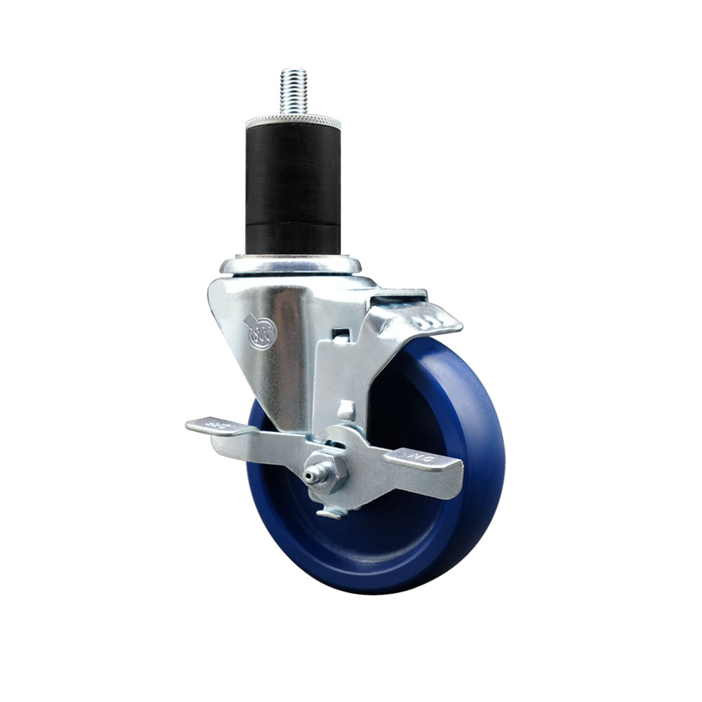 Solid Polyurethane Expanding Stem Swivel Caster with 4 Inch Blue Wheel and 1-3/4" Stem & Top Locking Brake - 300 lbs. Capacity Per Caster - Service Caster Brand — photo 1