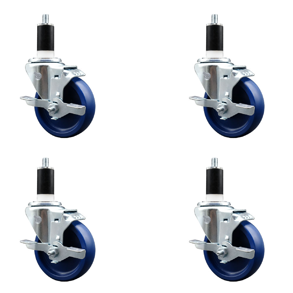 Stainless Steel Solid Polyurethane Swivel Expanding Stem Caster Set of 4 with 4 Inch Blue Wheels and 1-3/8" Stems-4 Swivel with Top Locking Brakes-300 lbs. Capacity Per Caster-Service Caster Brand — photo 1