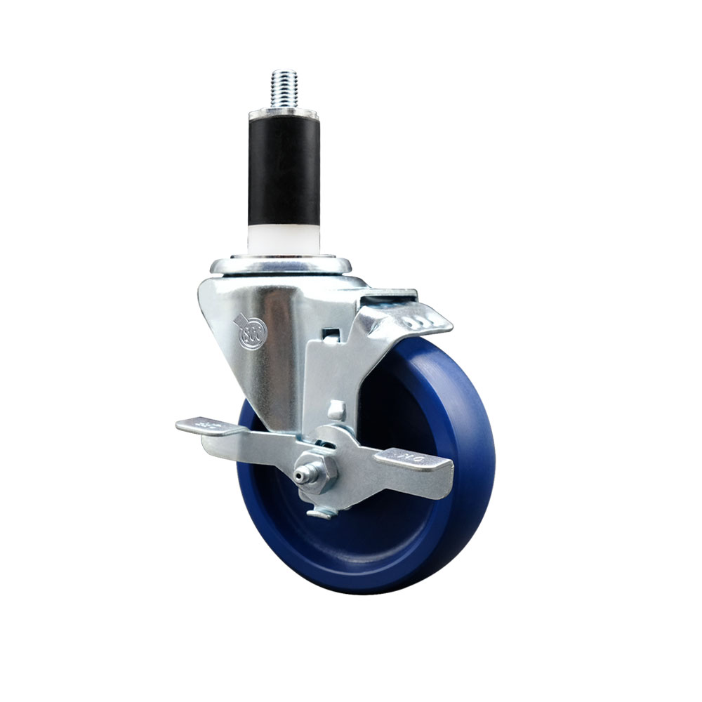Solid Polyurethane Expanding Stem Swivel Caster with 4 Inch Blue Wheel and 1-3/8" Stem & Top Locking Brake - 300 lbs. Capacity Per Caster - Service Caster Brand — photo 1