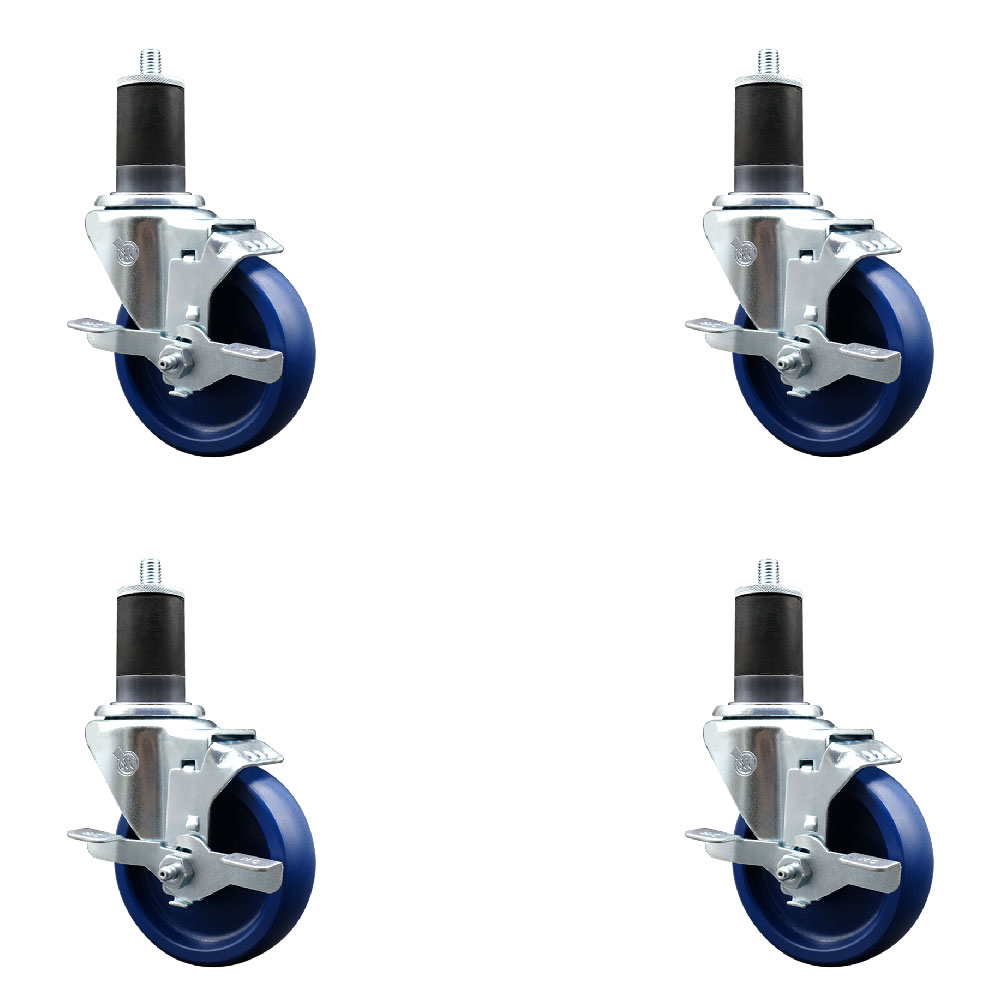 Solid Polyurethane Swivel Expanding Stem Caster Set of 4 with 4 Inch Blue Wheels and 1-5/8" Stems - Includes 4 Swivel with Top Locking Brakes - 300 lbs. Capacity Per Caster - Service Caster Brand — photo 1