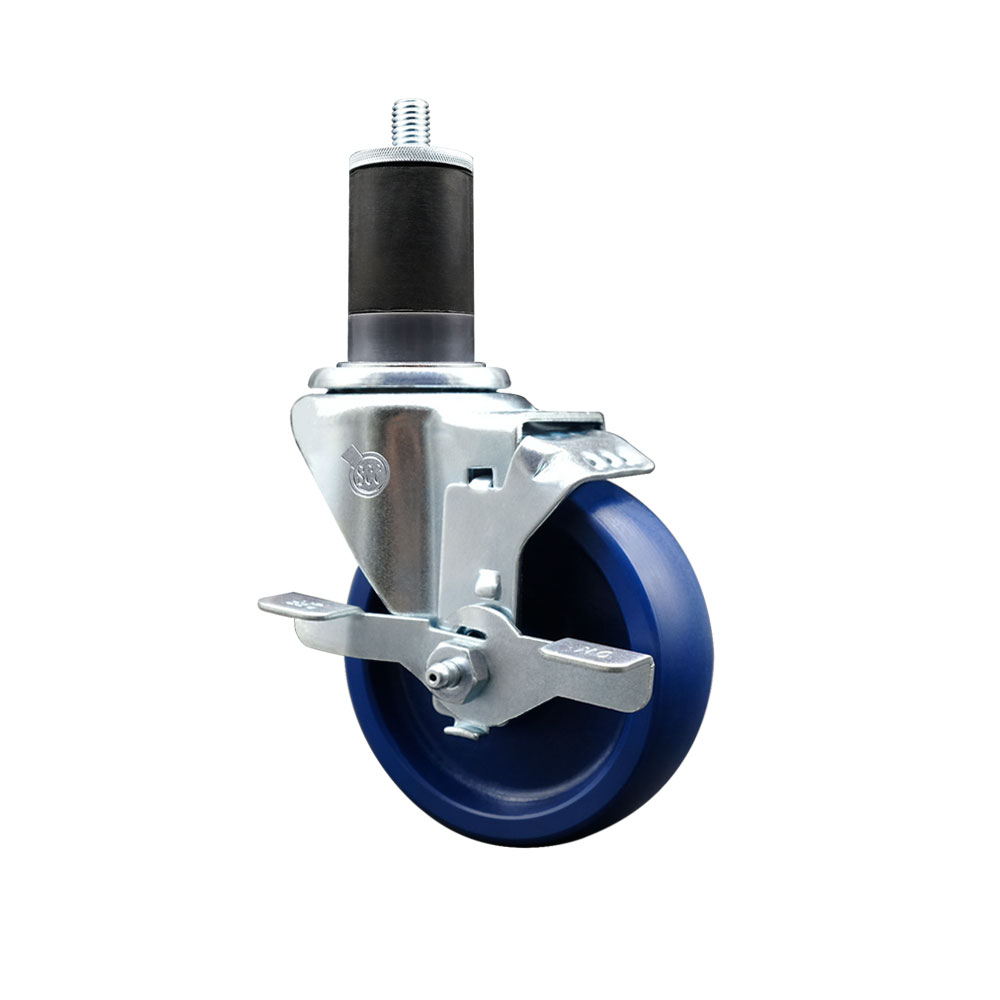 Solid Polyurethane Expanding Stem Swivel Caster with 4 Inch Blue Wheel and 1-5/8" Stem & Top Locking Brake - 300 lbs. Capacity Per Caster - Service Caster Brand — photo 1
