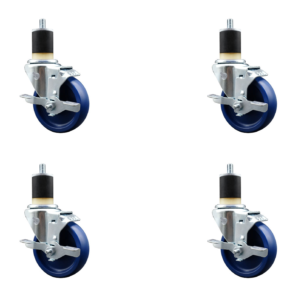 Stainless Steel Solid Polyurethane Swivel Expanding Stem Caster Set of 4 with 4 Inch Blue Wheels and 1-7/8" Stems-4 Swivel with Top Locking Brakes-300 lbs. Capacity Per Caster-Service Caster Brand — photo 1