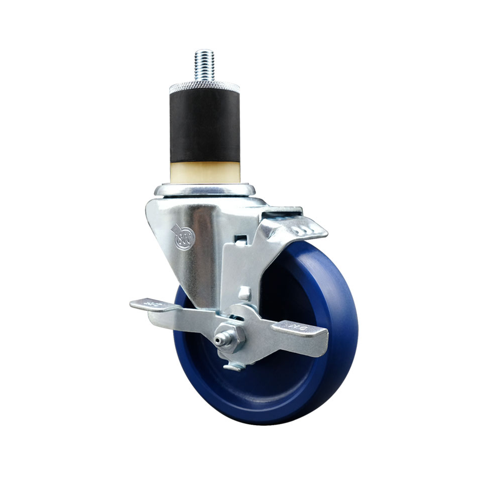 Solid Polyurethane Expanding Stem Swivel Caster with 4 Inch Blue Wheel and 1-7/8" Stem & Top Locking Brake - 300 lbs. Capacity Per Caster - Service Caster Brand — photo 1