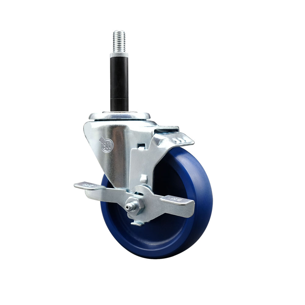 Solid Polyurethane Expanding Stem Swivel Caster with 4 Inch Blue Wheel and 3/4" Stem & Top Locking Brake - 300 lbs. Capacity Per Caster - Service Caster Brand — photo 1