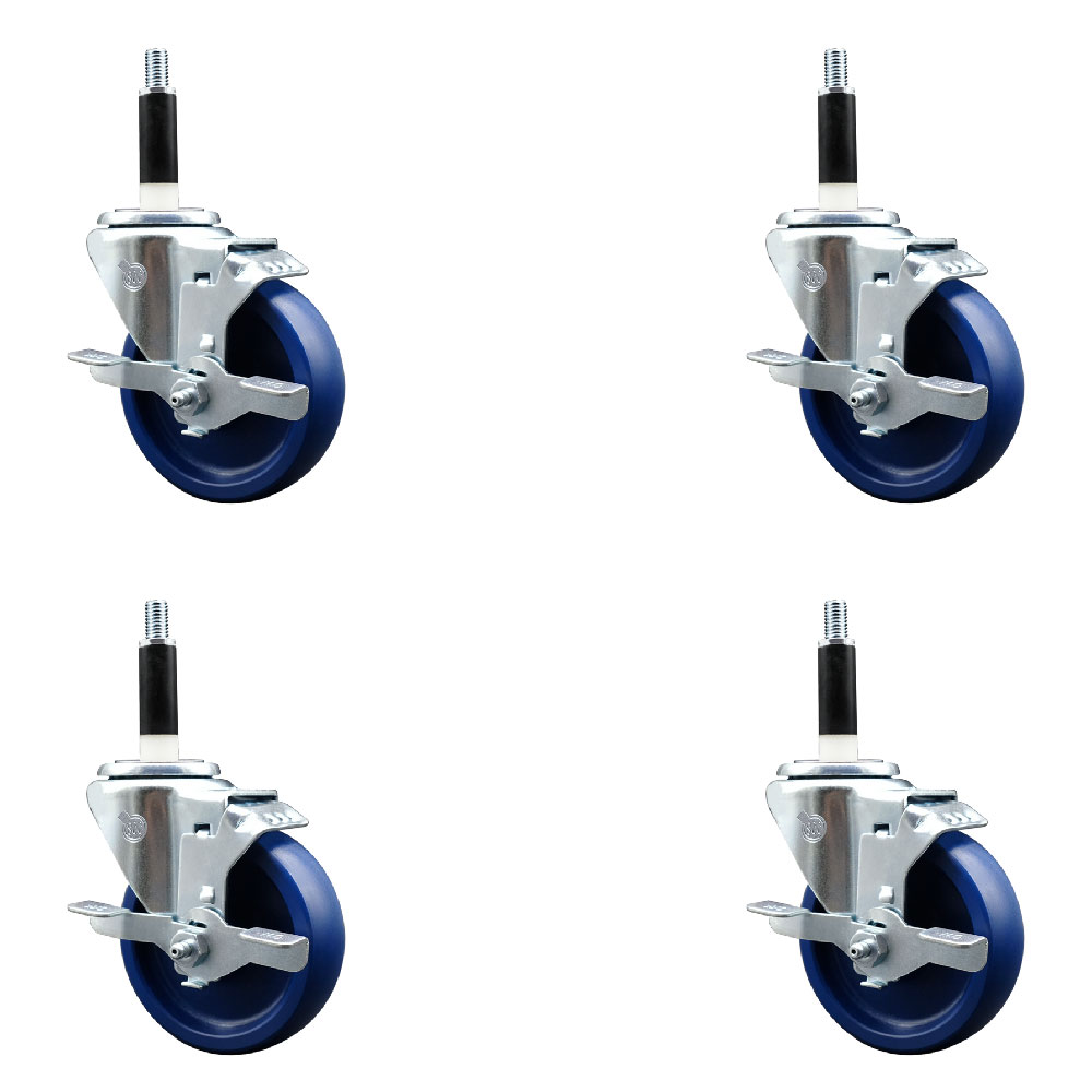 Stainless Steel Solid Polyurethane Swivel Expanding Stem Caster Set of 4 with 4 Inch Blue Wheels and 7/8" Stems - 4 Swivel with Top Locking Brakes - 300 lbs. Capacity Per Caster - Service Caster Brand — photo 1