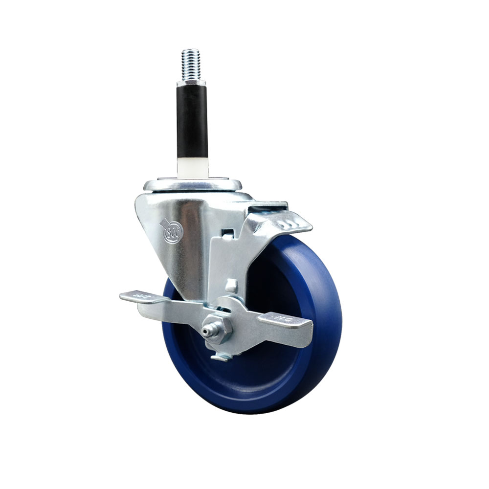 Solid Polyurethane Expanding Stem Swivel Caster with 4 Inch Blue Wheel and 7/8" Stem & Top Locking Brake - 300 lbs. Capacity Per Caster - Service Caster Brand — photo 1
