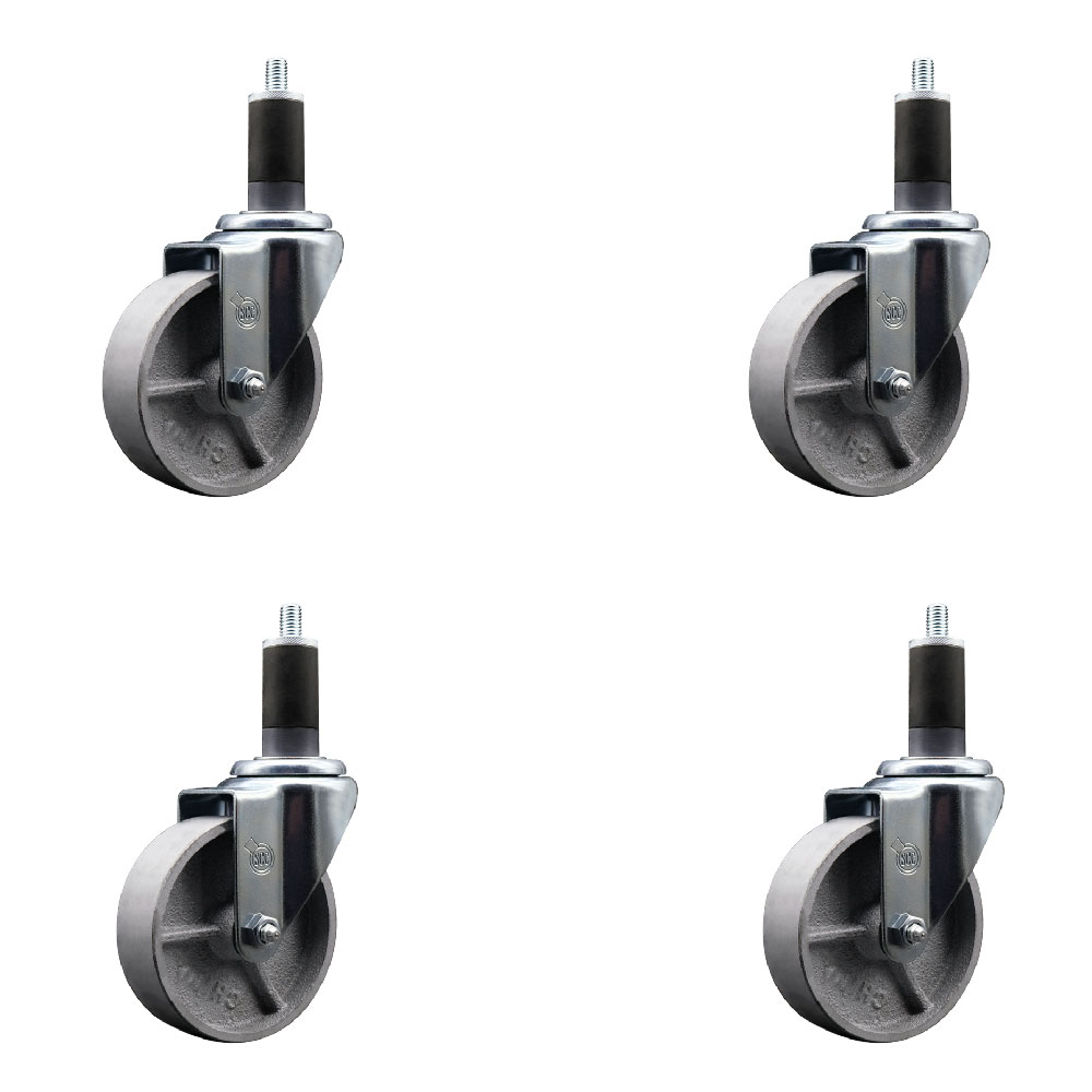 Semi Steel Cast Iron Swivel Expanding Stem Caster Set of 4 with 4 Inch Silver Wheels and 1-1/4" Stems - Includes 4 Swivel - 300 lbs. Capacity Per Caster - Service Caster Brand — photo 1